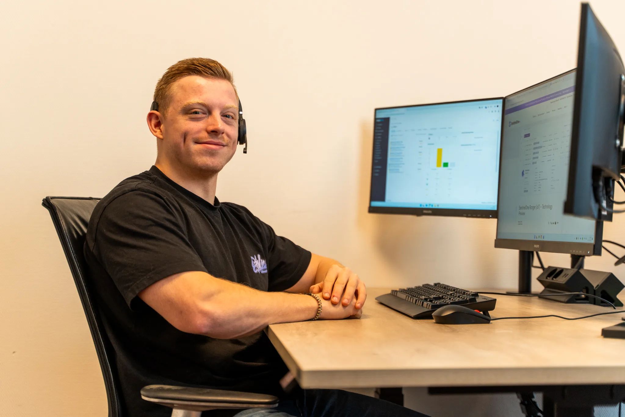 IT-specialist aan zijn werkplek met dual-monitor opstelling